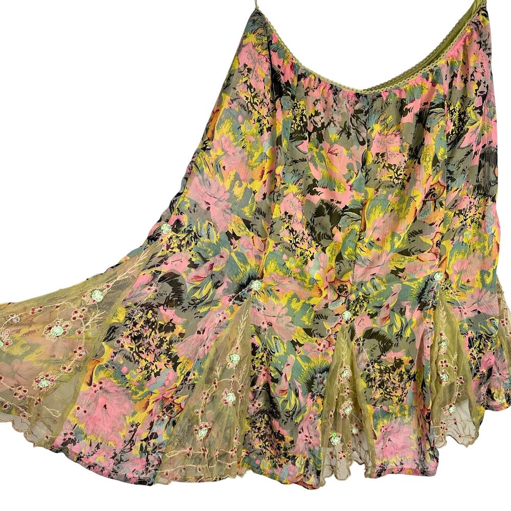 Y2K Dark Floral Chiffon Sequin Lace Embroidered Skirt Fairycore Whimsygoth Sz L